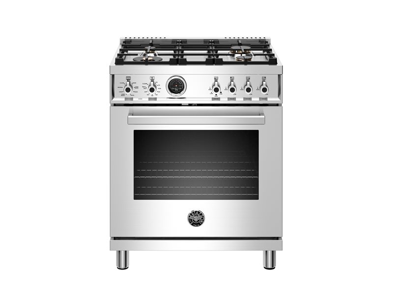30 inch Dual Fuel Range, 4 Brass Burner, Electric Self-Clean Oven | Bertazzoni - Stainless Steel