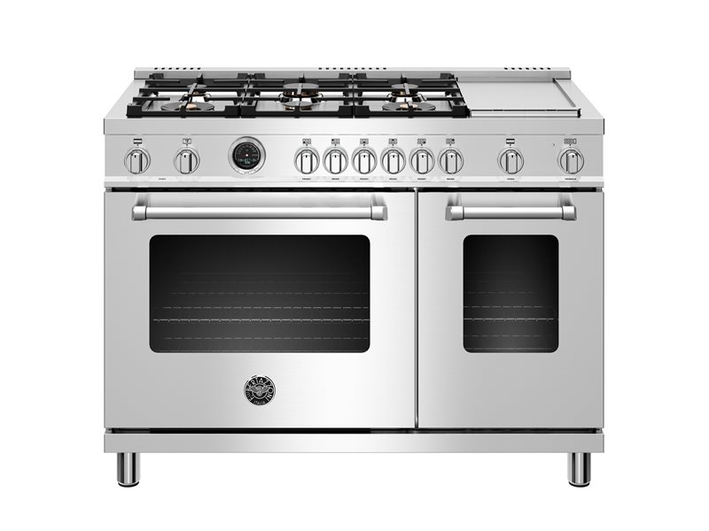 48 inch Dual Fuel Range, 6 brass burners and Griddle, Electric Self-Clean Oven | Bertazzoni - Stainless Steel