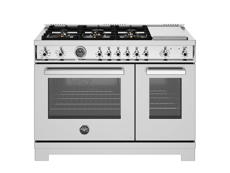 48 inch Dual Fuel Range, 6 Brass Burners and Griddle, Electric Self-Clean Oven | Bertazzoni - Stainless Steel
