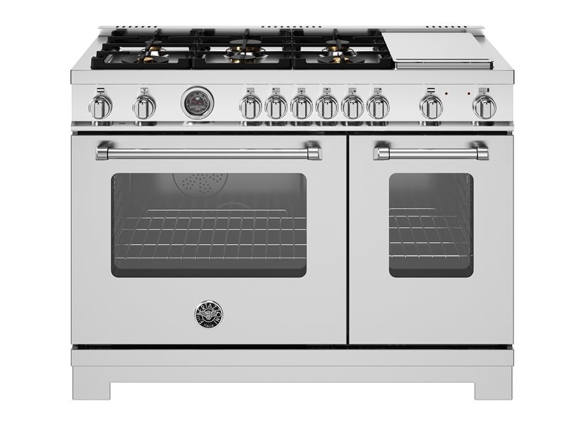 48 inch Dual Fuel Range, 6 Brass Burners and Griddle, Electric Self-Clean Oven | Bertazzoni - Stainless Steel