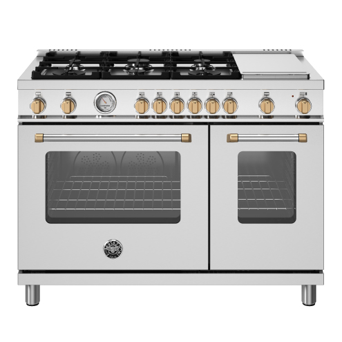 48 inch All Gas Range, 6 Brass Burner and Griddle | Bertazzoni - Stainless Steel - Gold
